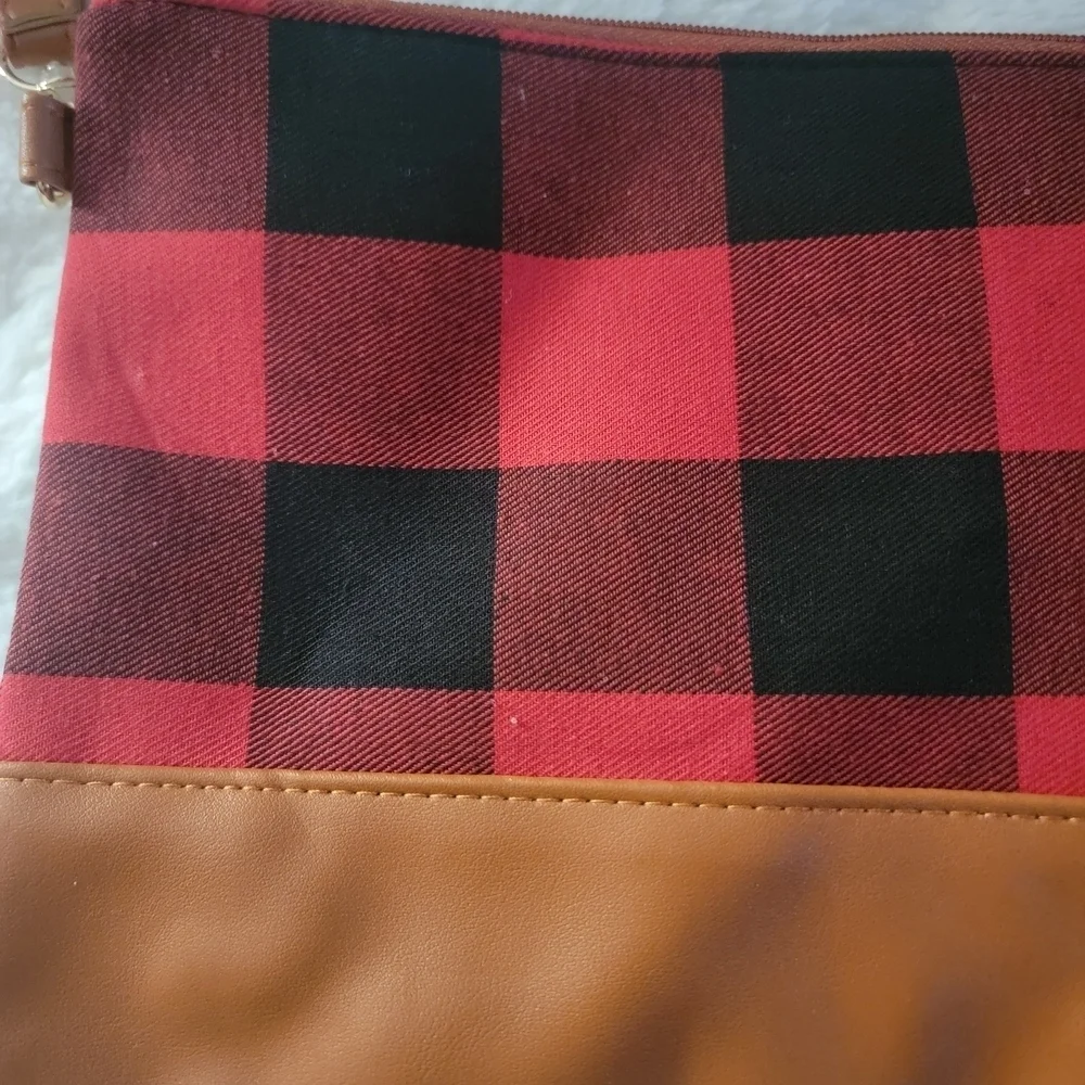 Red and Black Plaid Clutch with Tan Accent